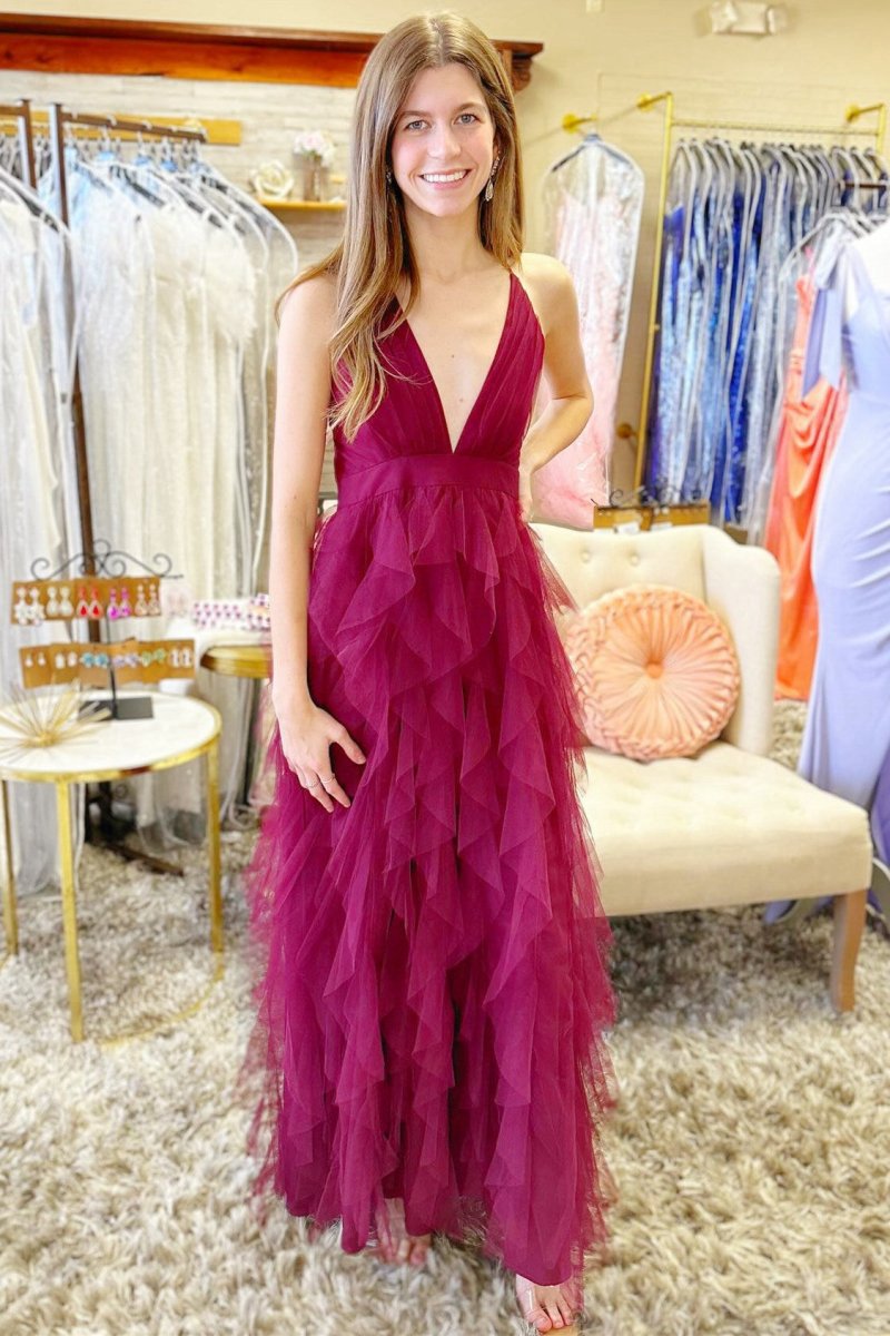 Cross-Back Plunge V Ruffle Maxi Dresses in Smoky Blue