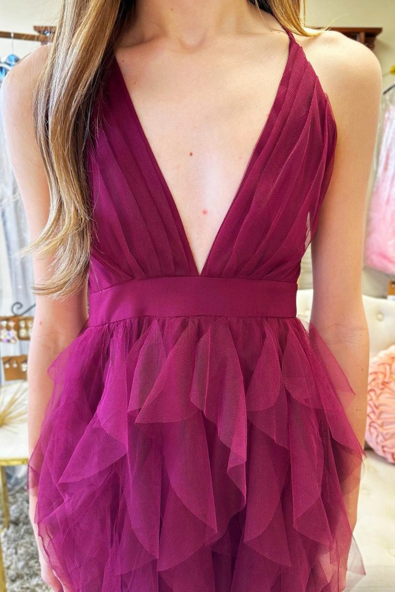 Cross-Back Plunge V Ruffle Maxi Dresses in Smoky Blue