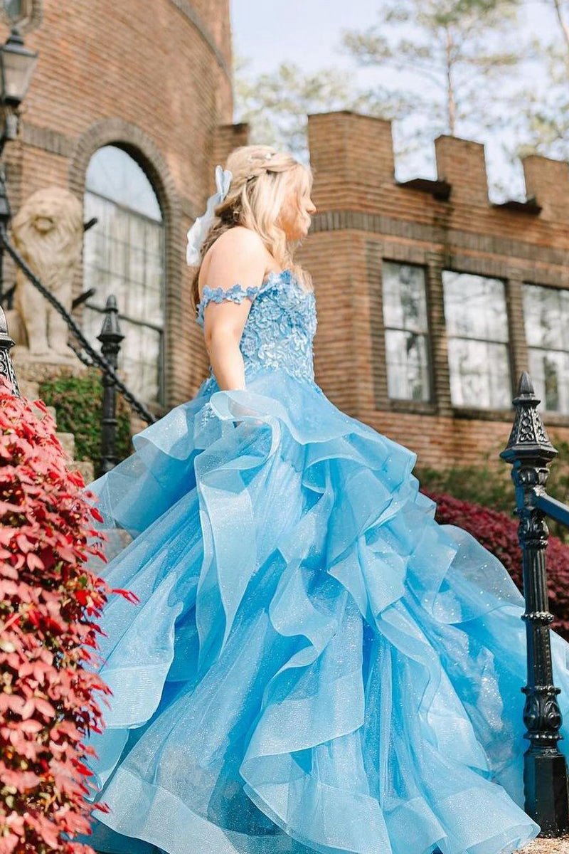 Off the Shoulder Ruffle Tie Tulle Long Prom Dresses with Appliques