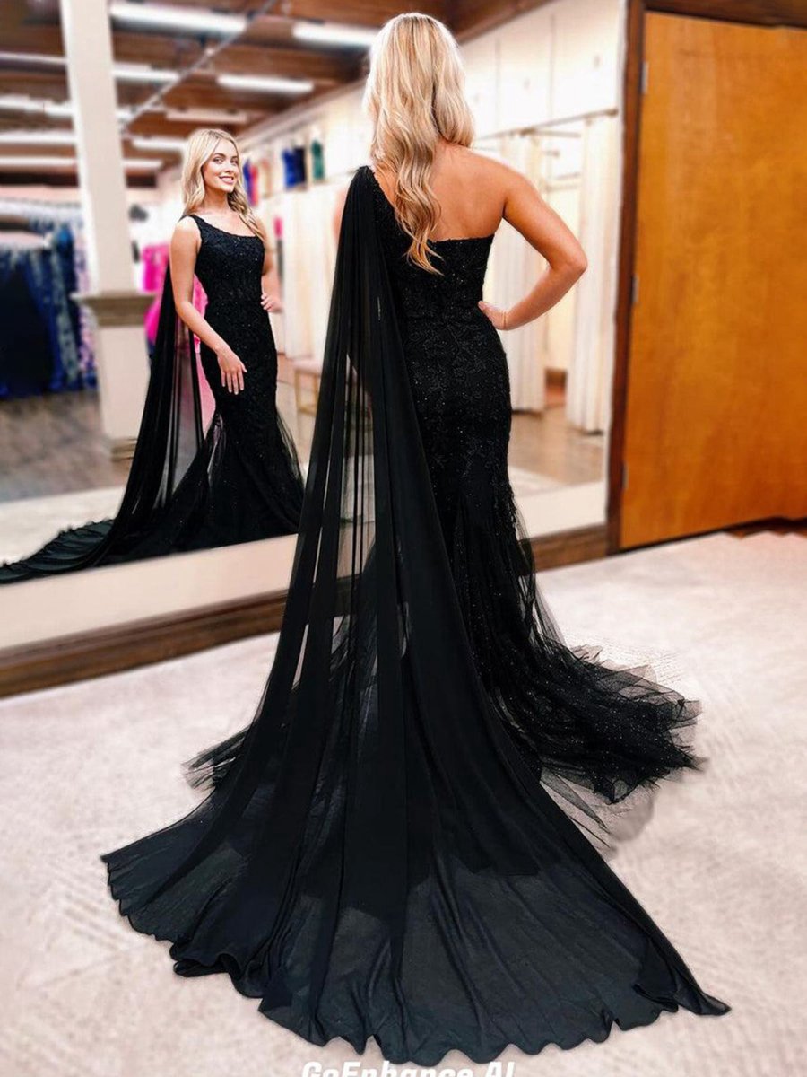 One Shoulder Appliques Mermaid Long Prom Dresses
