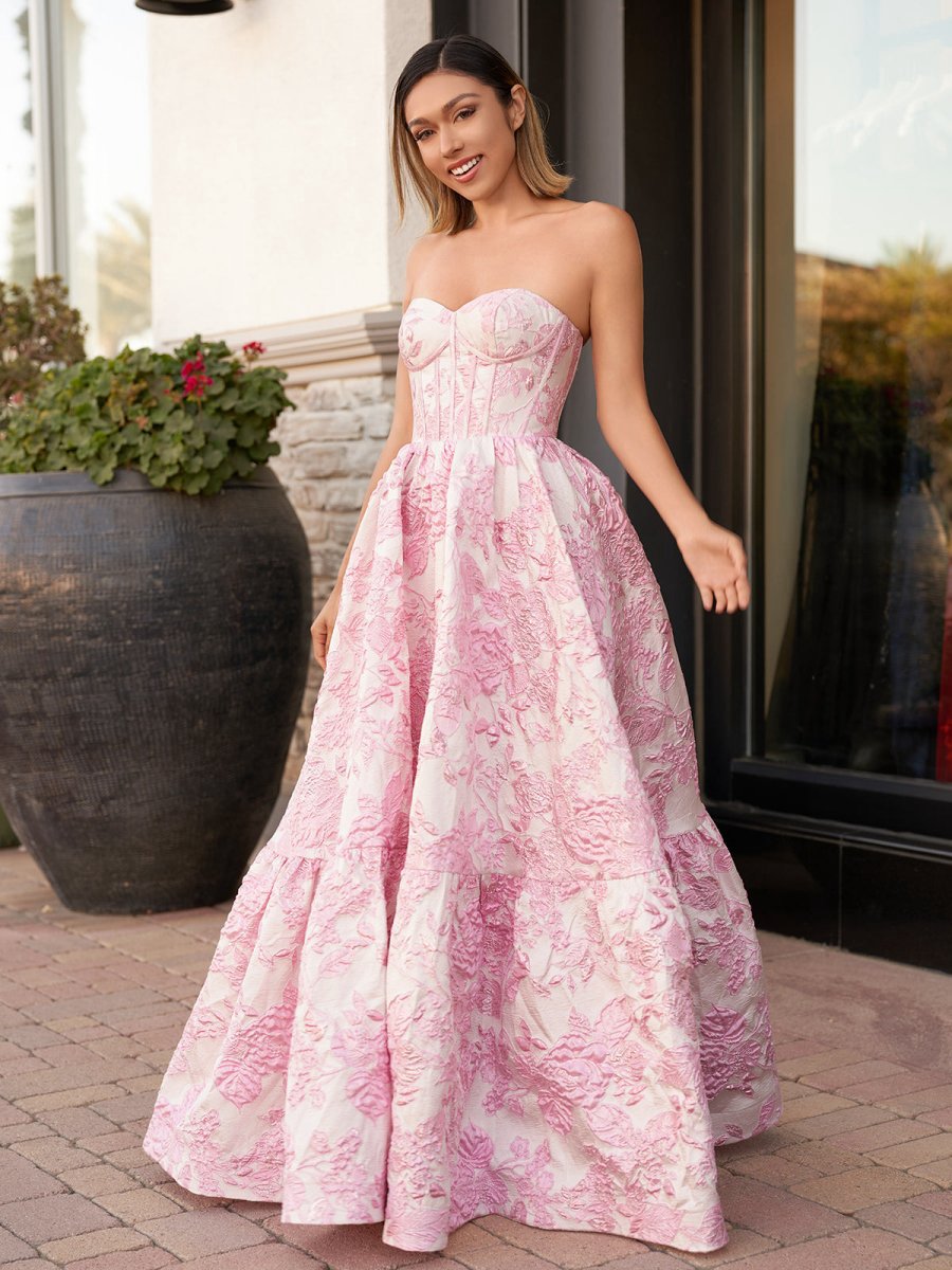 A-line Sweetheart Floral Printed Long Prom Dresses