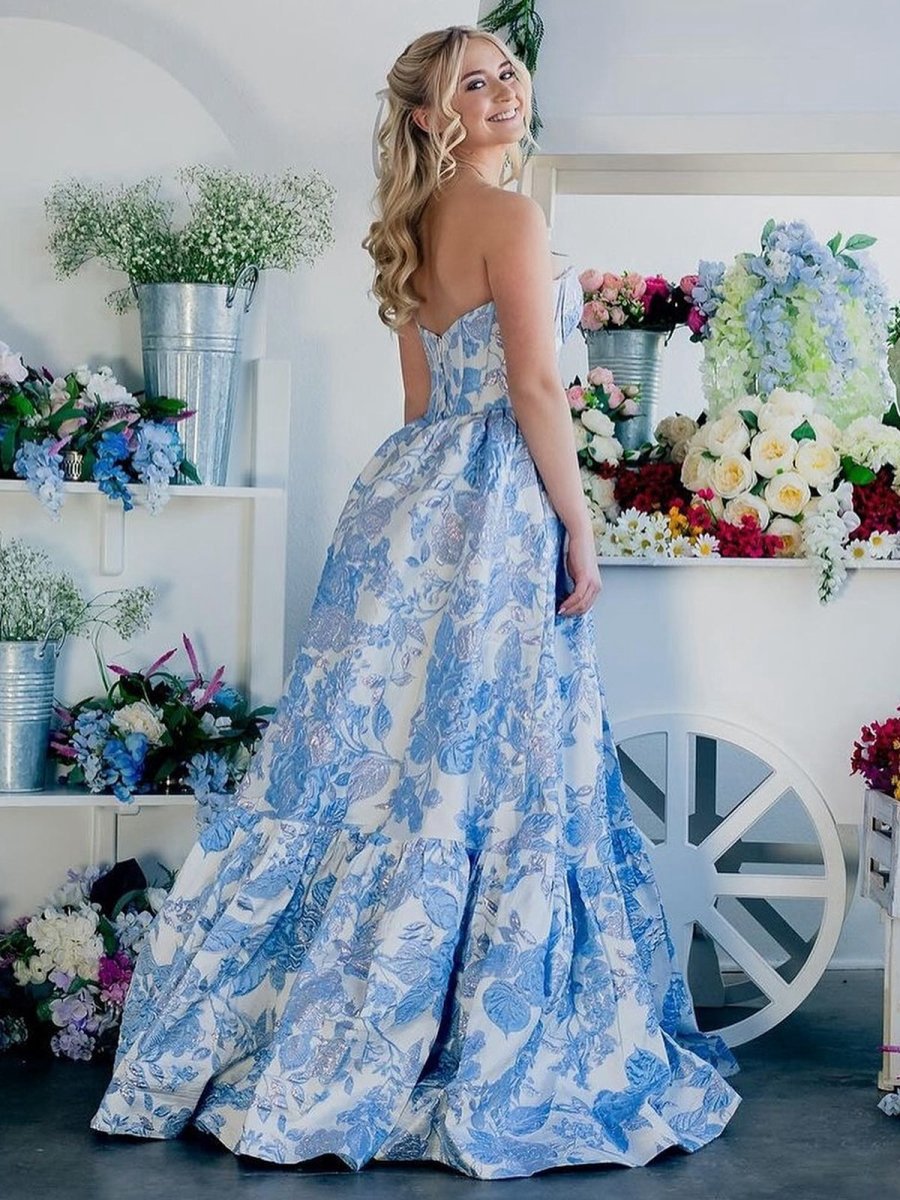 A-line Sweetheart Floral Printed Long Prom Dresses