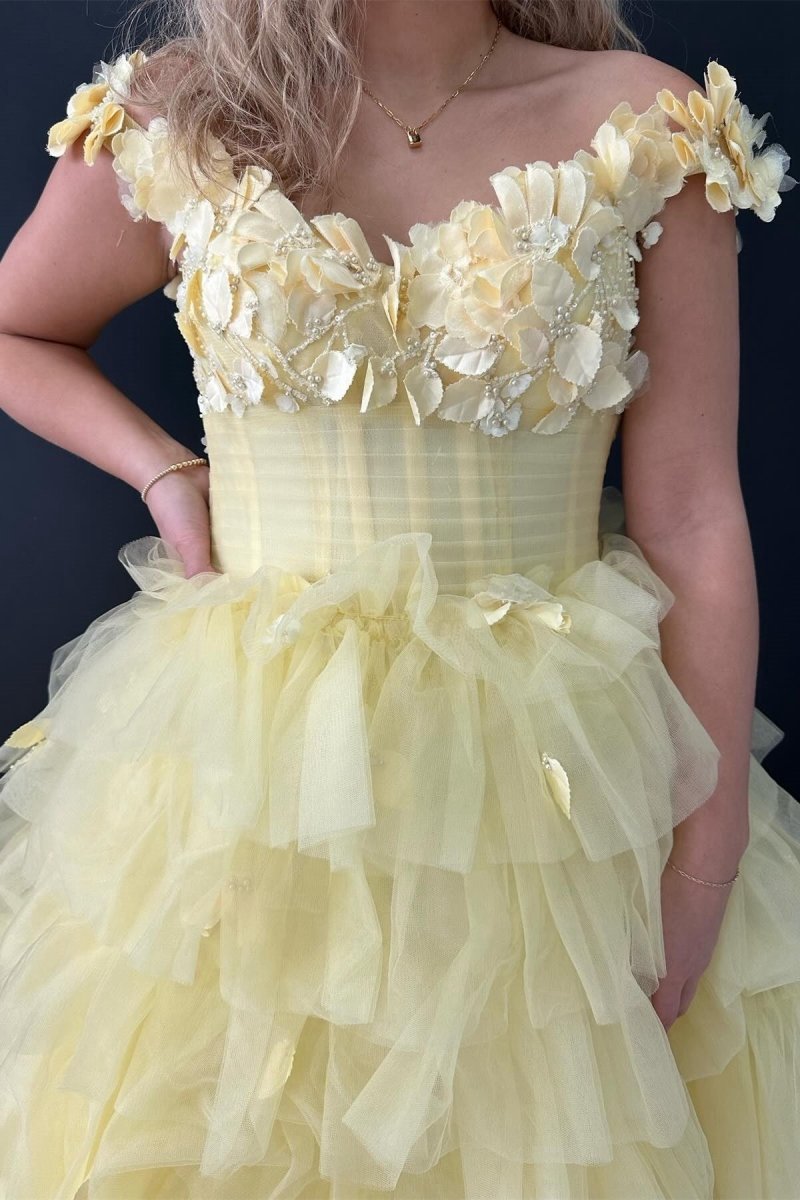 3D Floral Lace Off-the-Shoulder Ruffle Tie Prom Gown