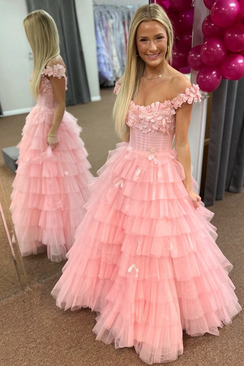 3D Floral Lace Off-the-Shoulder Ruffle Tie Prom Gown