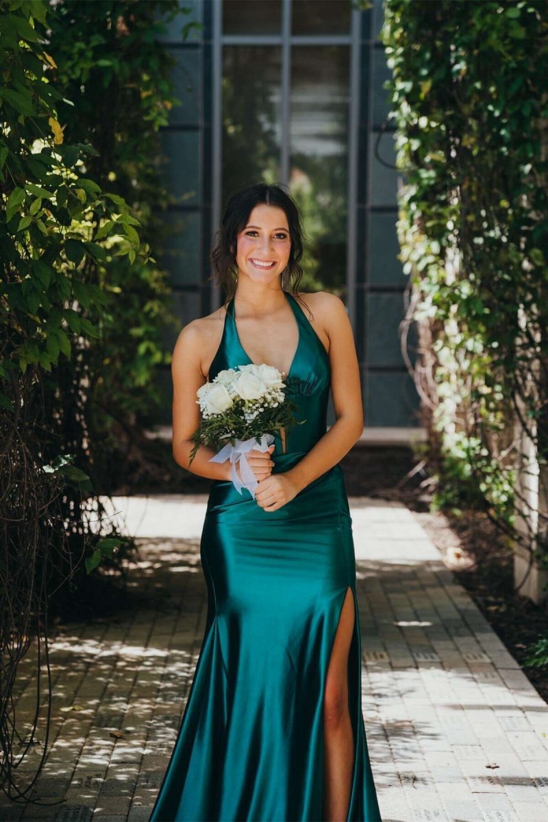 Navy Halter Corset Mermaid Plunging Deep V-neck Ruched Long Formal Dresses with Slit
