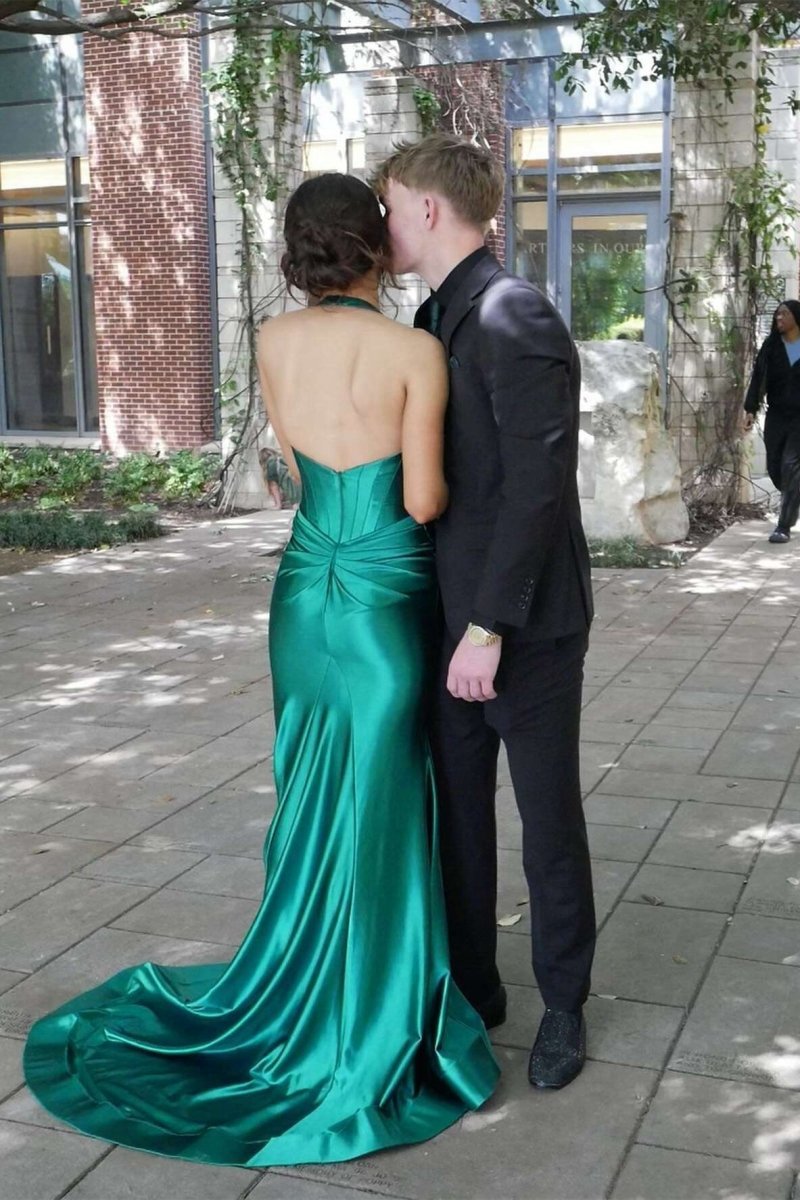 Navy Halter Corset Mermaid Plunging Deep V-neck Ruched Long Formal Dresses with Slit