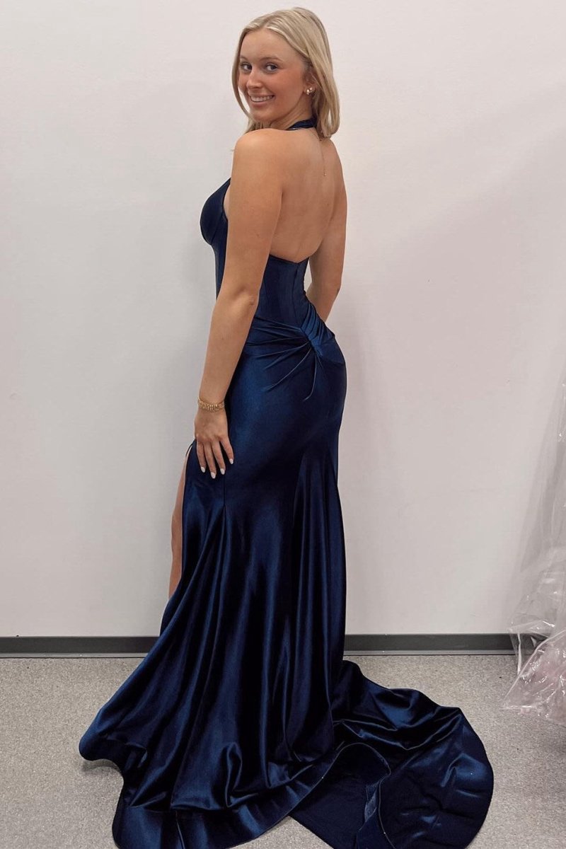Navy Halter Corset Mermaid Plunging Deep V-neck Ruched Long Formal Dresses with Slit