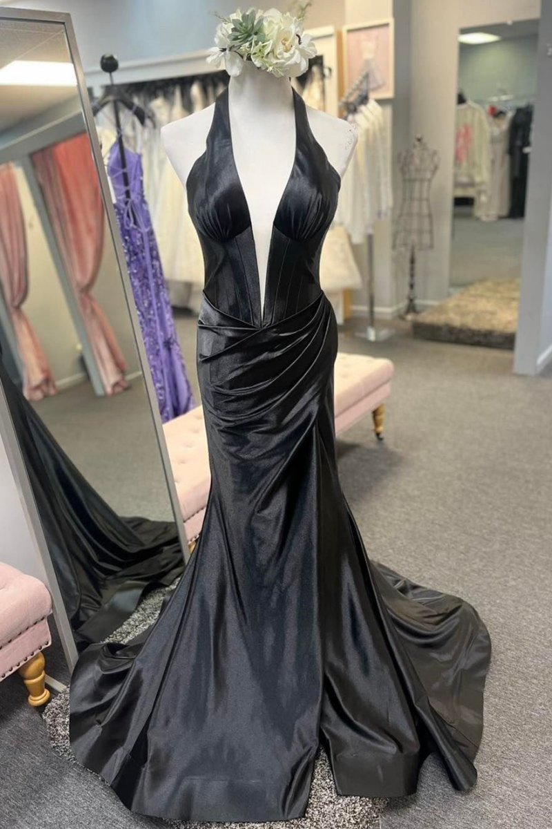 Navy Halter Corset Mermaid Plunging Deep V-neck Ruched Long Formal Dresses with Slit