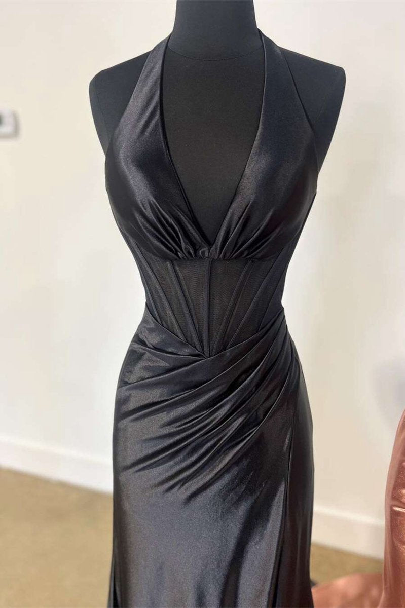 Navy Halter Corset Mermaid Plunging Deep V-neck Ruched Long Formal Dresses with Slit