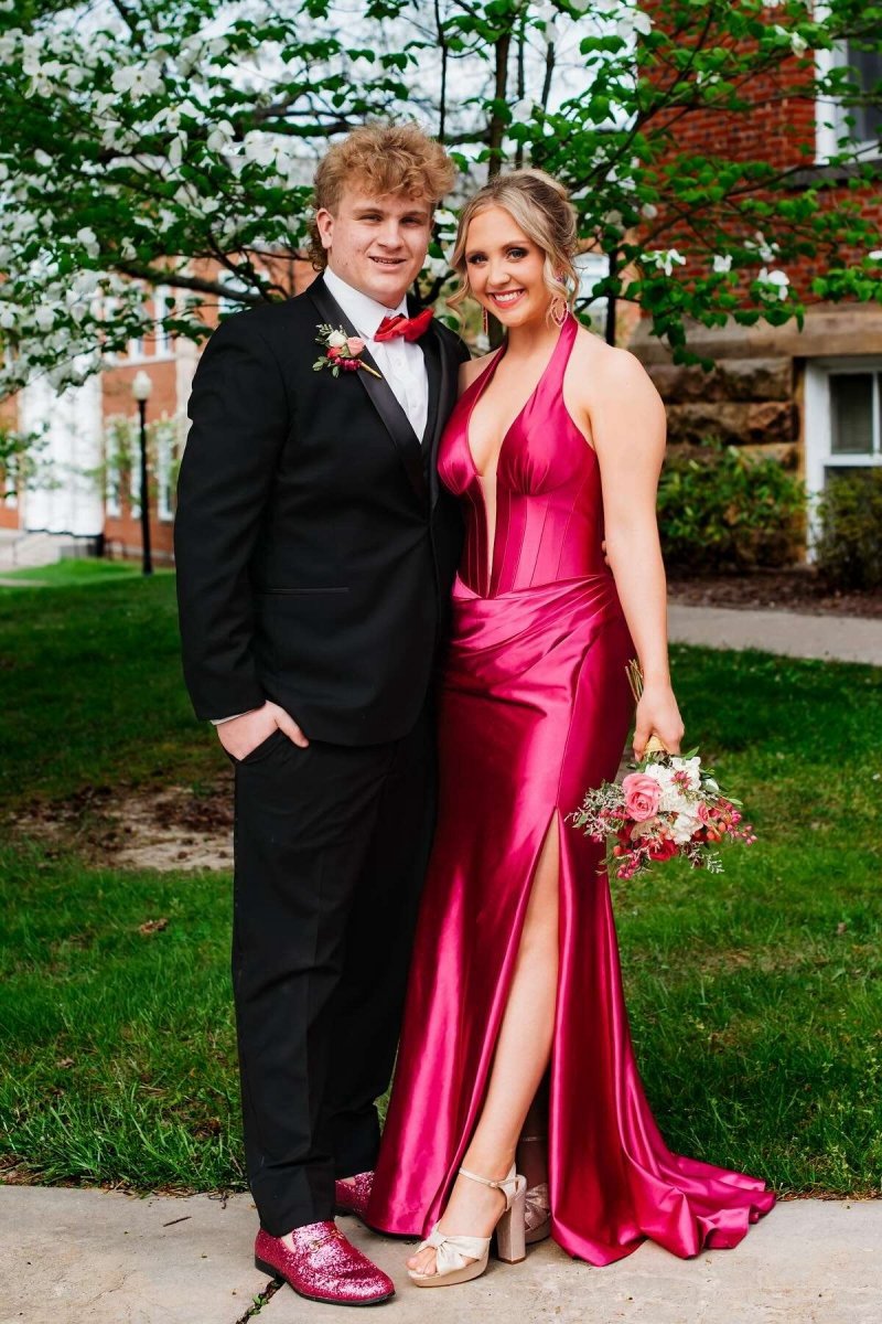 Navy Halter Corset Mermaid Plunging Deep V-neck Ruched Long Formal Dresses with Slit