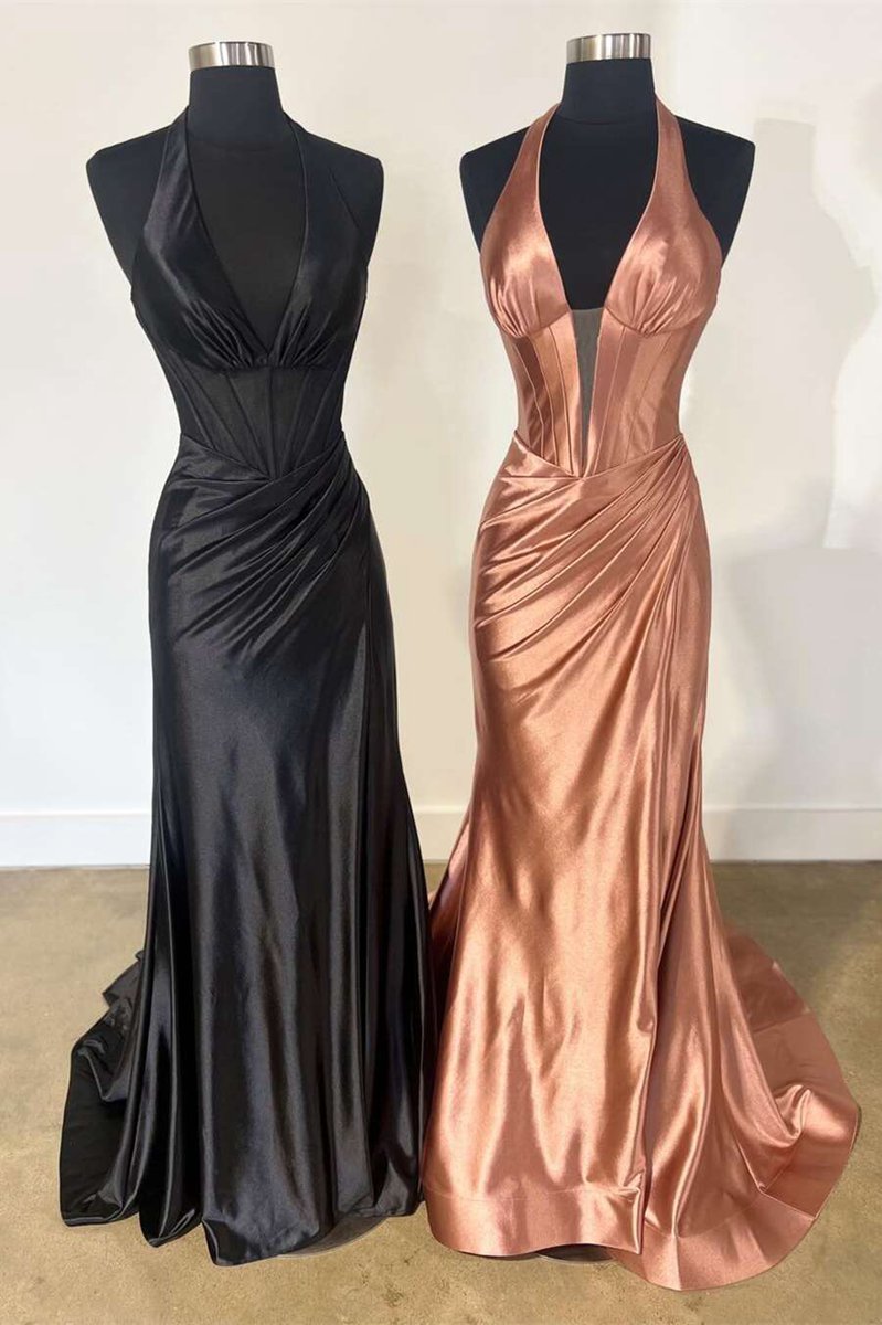 Navy Halter Corset Mermaid Plunging Deep V-neck Ruched Long Formal Dresses with Slit