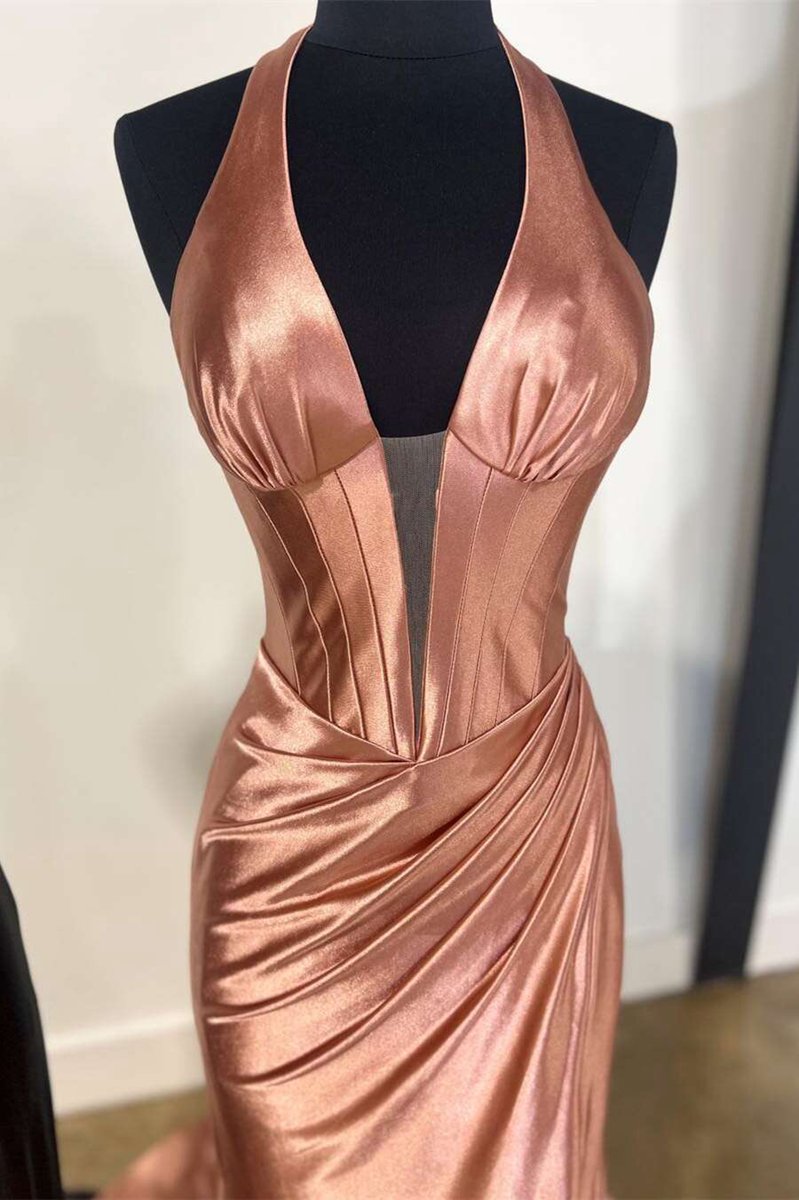 Navy Halter Corset Mermaid Plunging Deep V-neck Ruched Long Formal Dresses with Slit