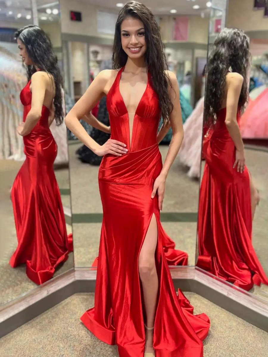 Navy Halter Corset Mermaid Plunging Deep V-neck Ruched Long Formal Dresses with Slit