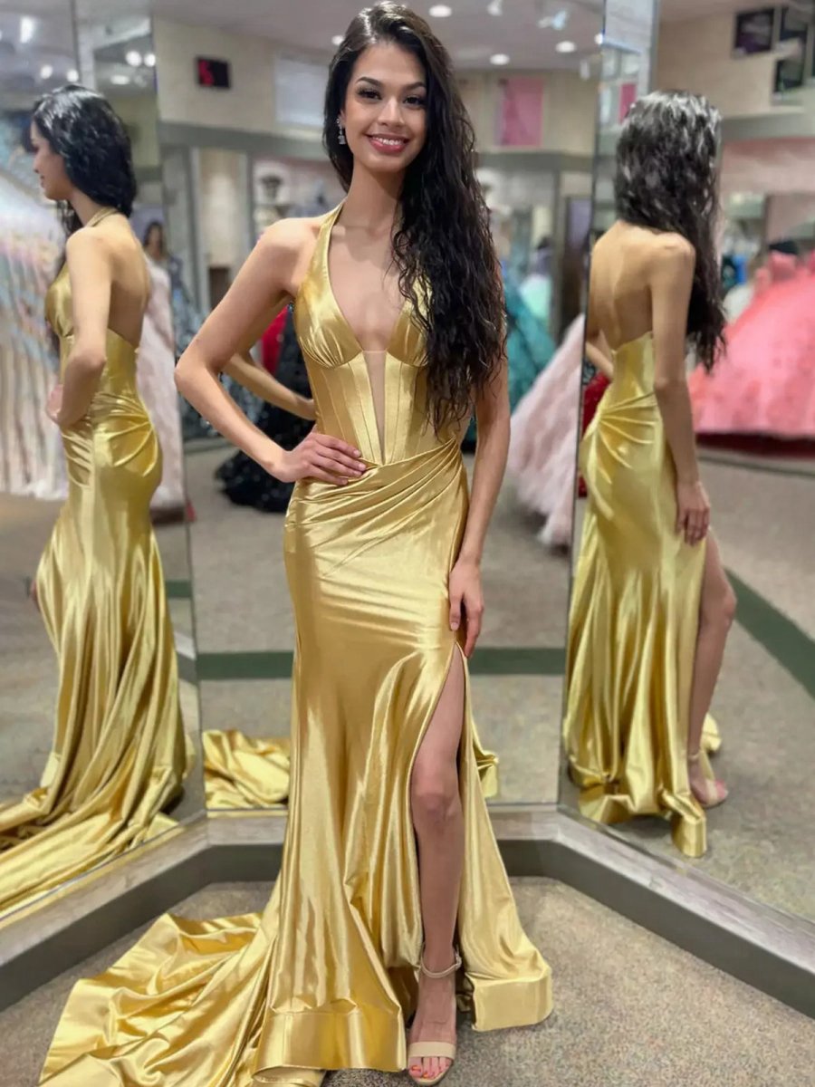 Navy Halter Corset Mermaid Plunging Deep V-neck Ruched Long Formal Dresses with Slit