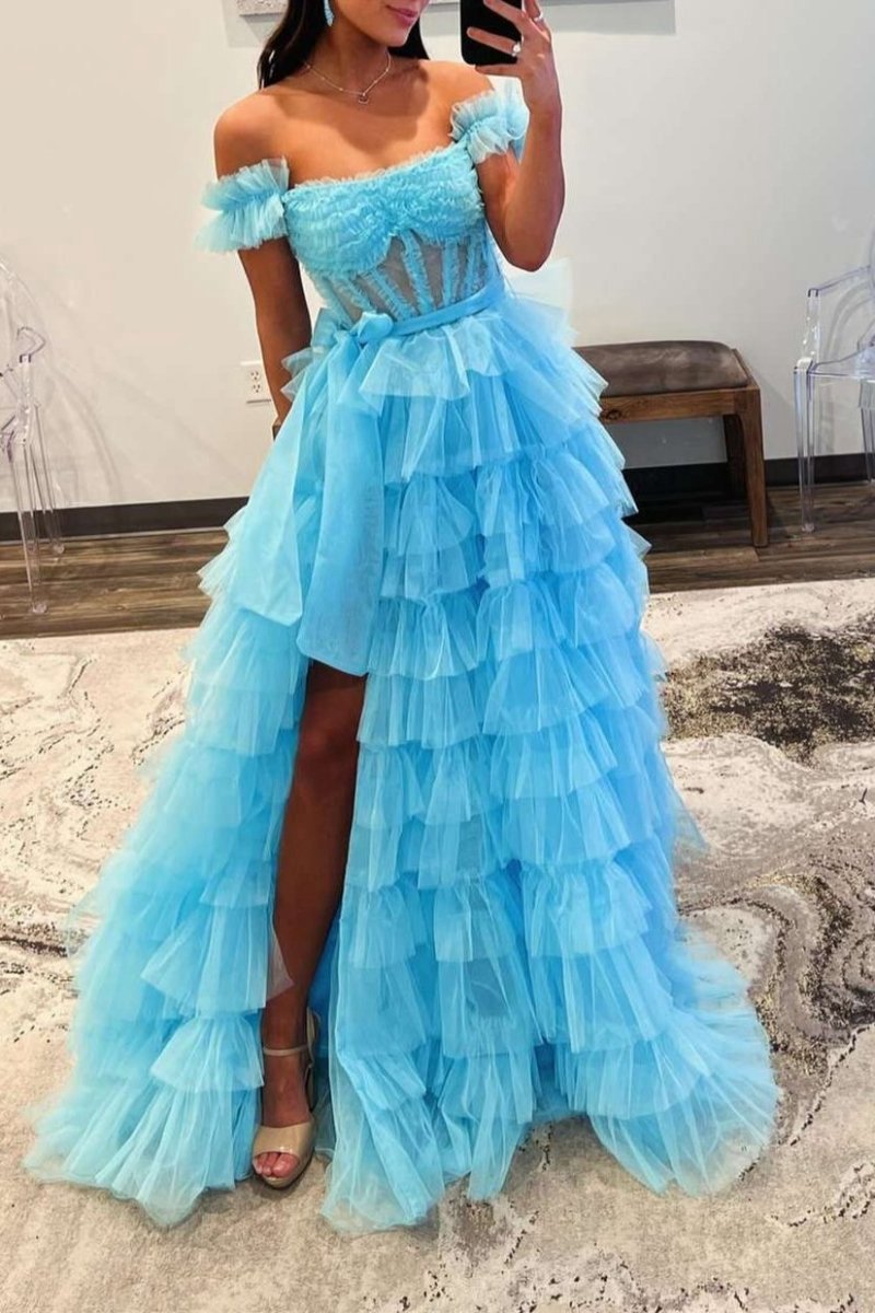 Off the Shoulder Ruffle Tie Tulle Long Prom Dresses with Slit