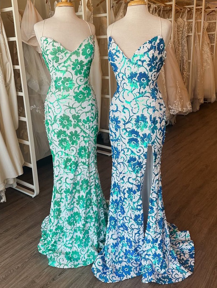 Sequin Lace V Neck Mermaid Prom Dresses with Slit