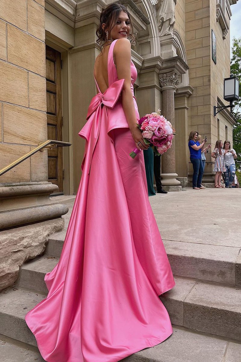 Cute Mermaid V Neck Satin Long Prom Dresses with Big Bow