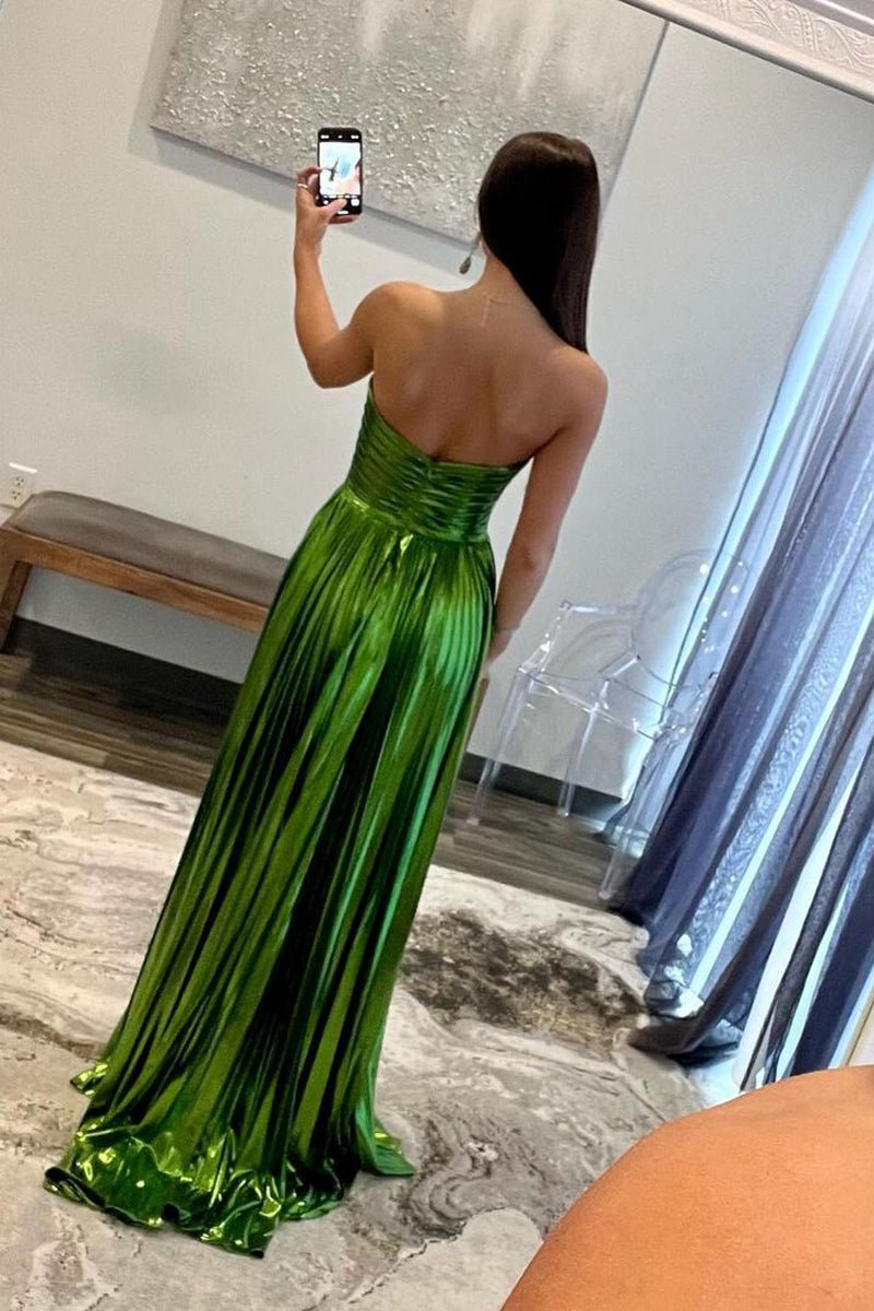 Metallic Strapless Pleated A-line Long Prom Dresses