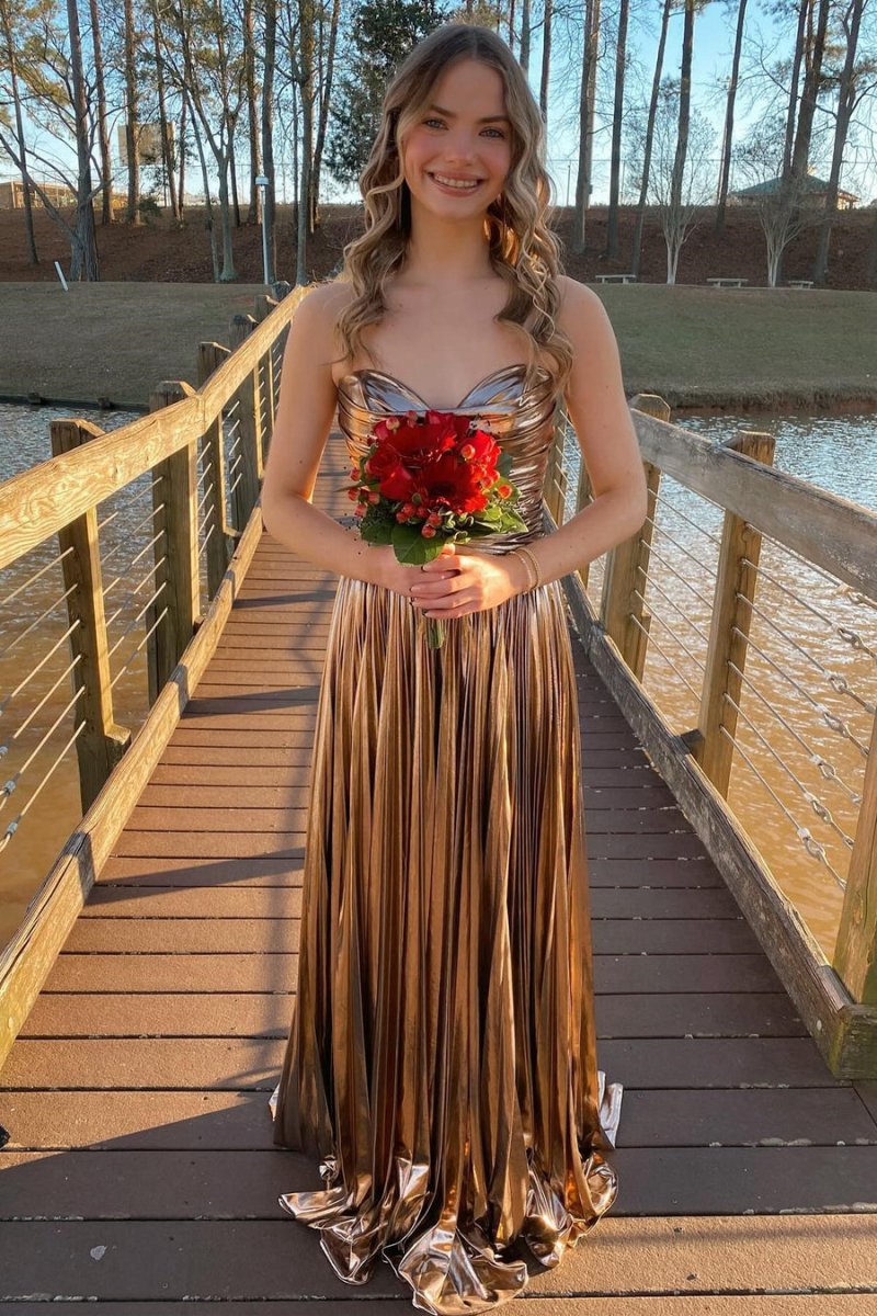 Metallic Strapless Pleated A-line Long Prom Dresses