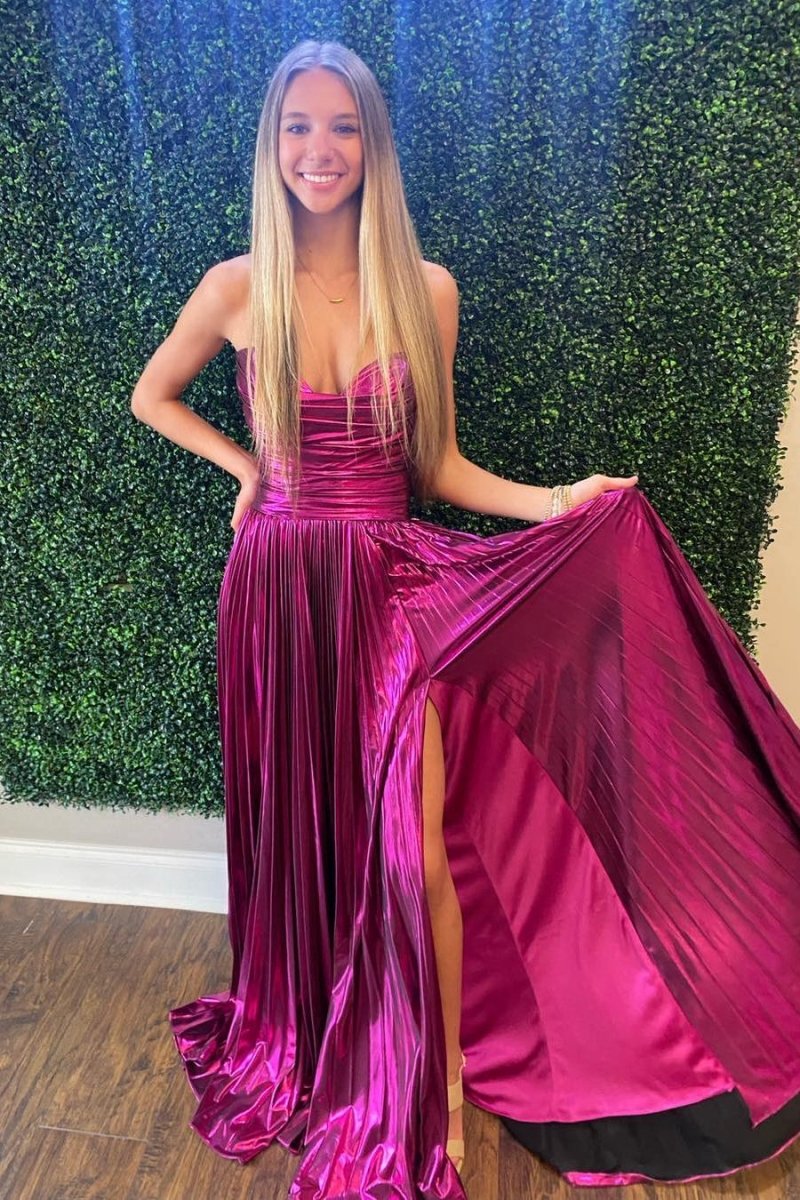 Metallic Strapless Pleated A-line Long Prom Dresses