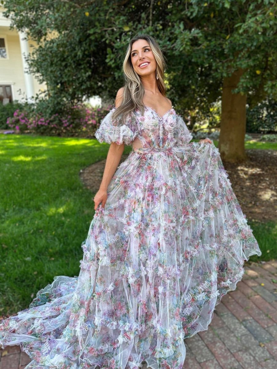 A-line Sweetheart Printed Tulle Long Prom Dresses
