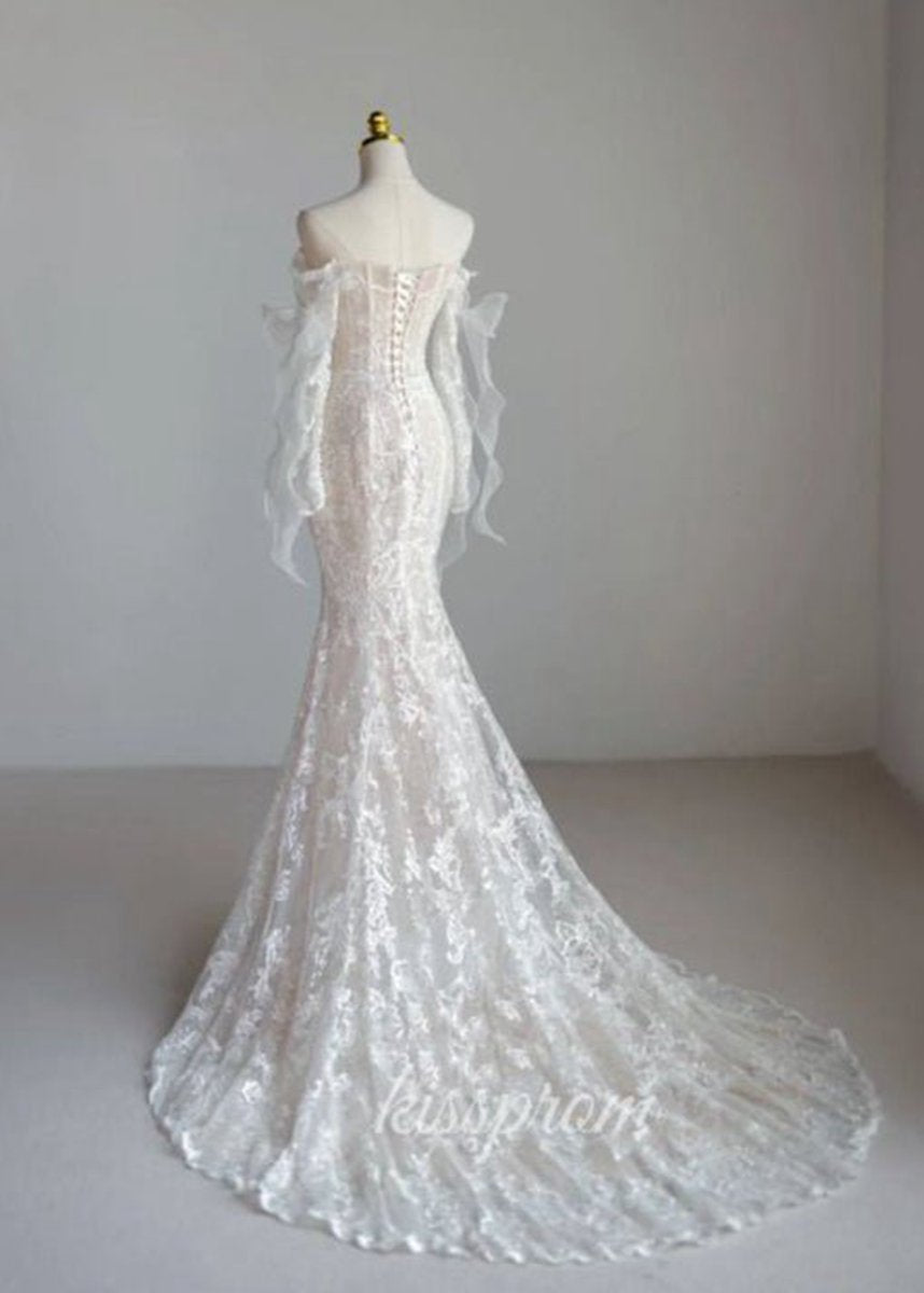 Lace Mermaid Covered-Button Long Sleeve Train Wedding Dresses