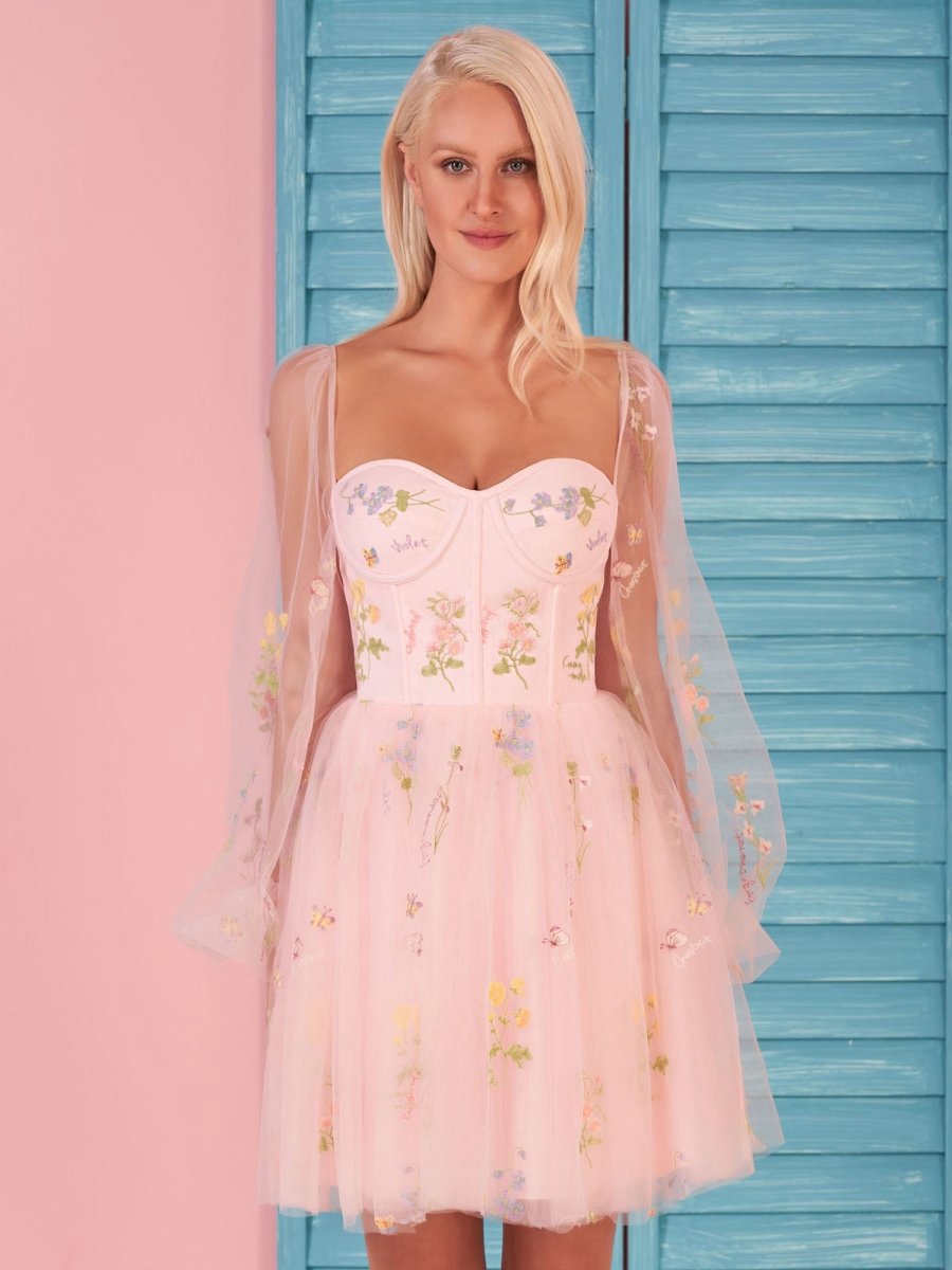 Sweetheart Embroidery Short-Length Tulle Puff Sleeves Cocktail Dresses