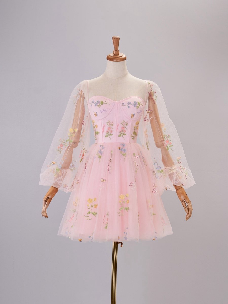 Sweetheart Embroidery Short-Length Tulle Puff Sleeves Cocktail Dresses