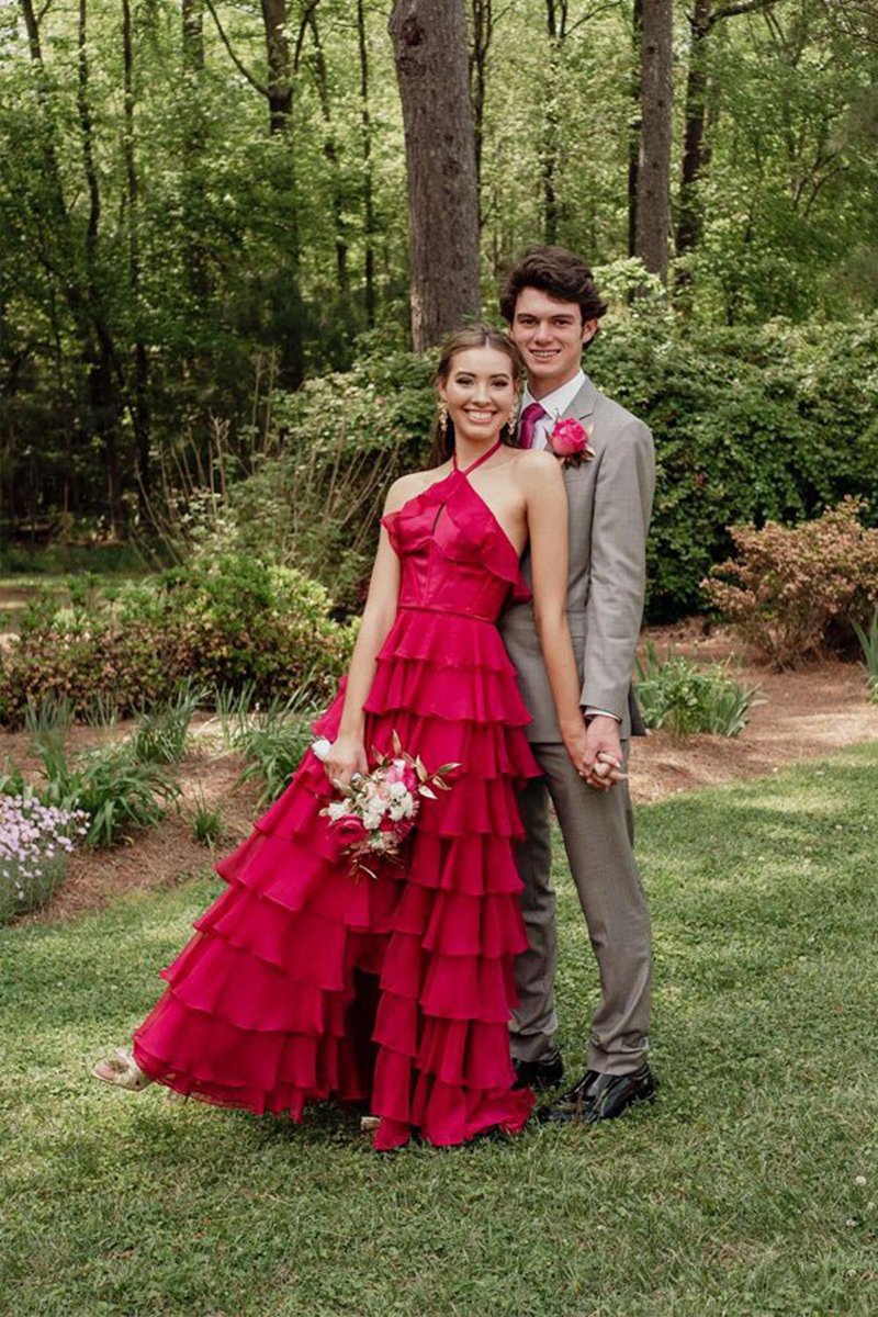 Halter Keyhole Ruffle Tie Prom Dresses with Slit