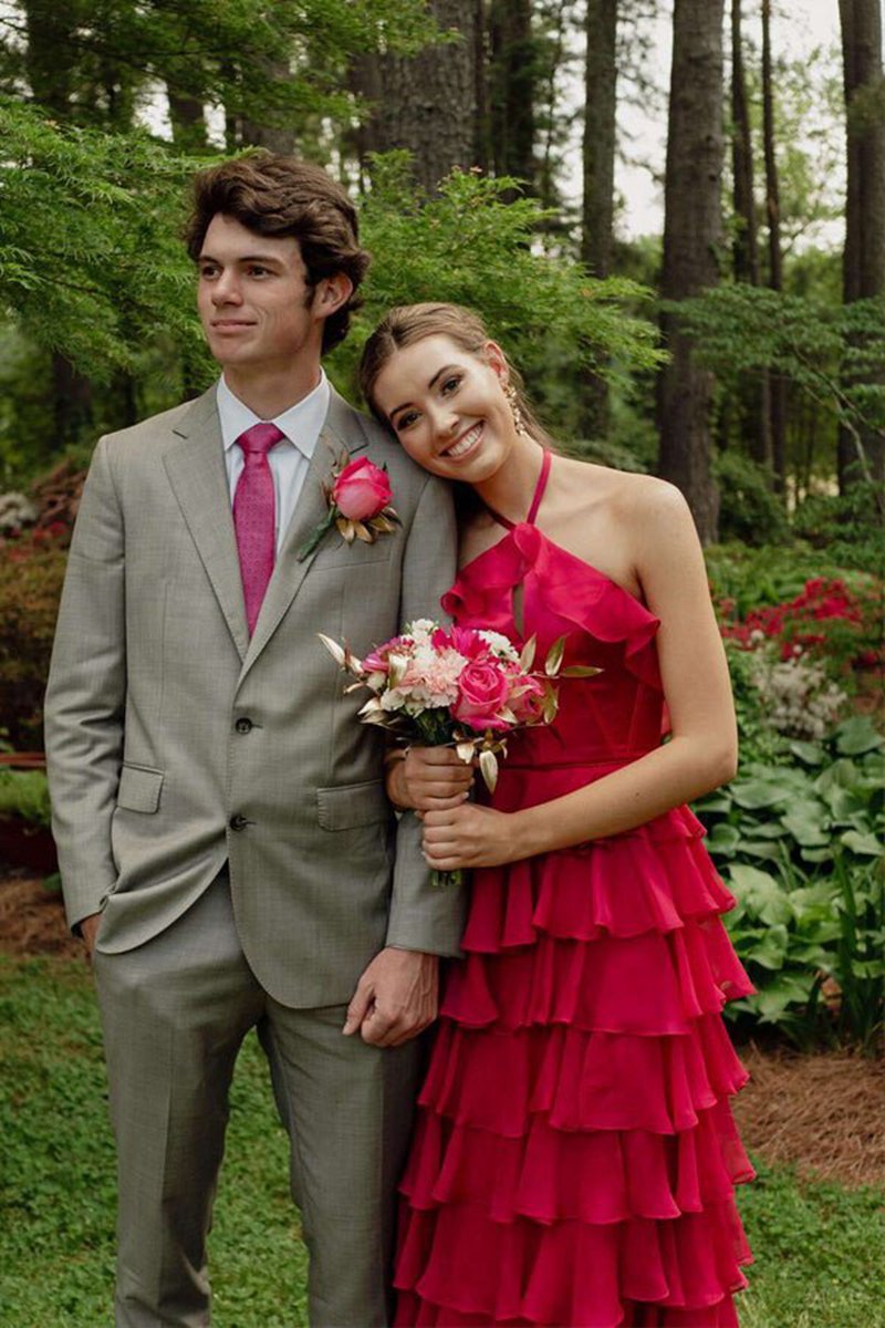 Halter Keyhole Ruffle Tie Prom Dresses with Slit