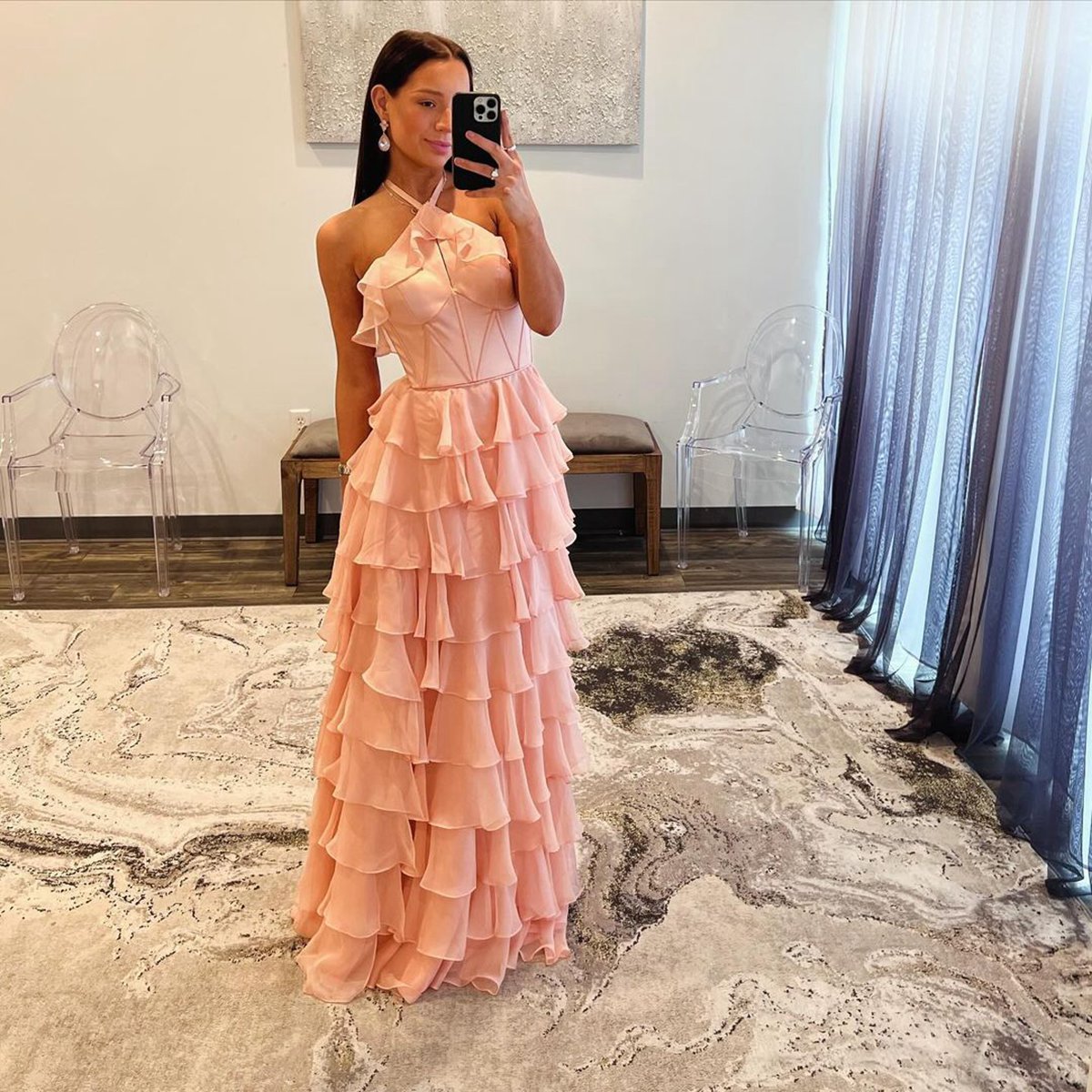 Halter Keyhole Ruffle Tie Prom Dresses with Slit