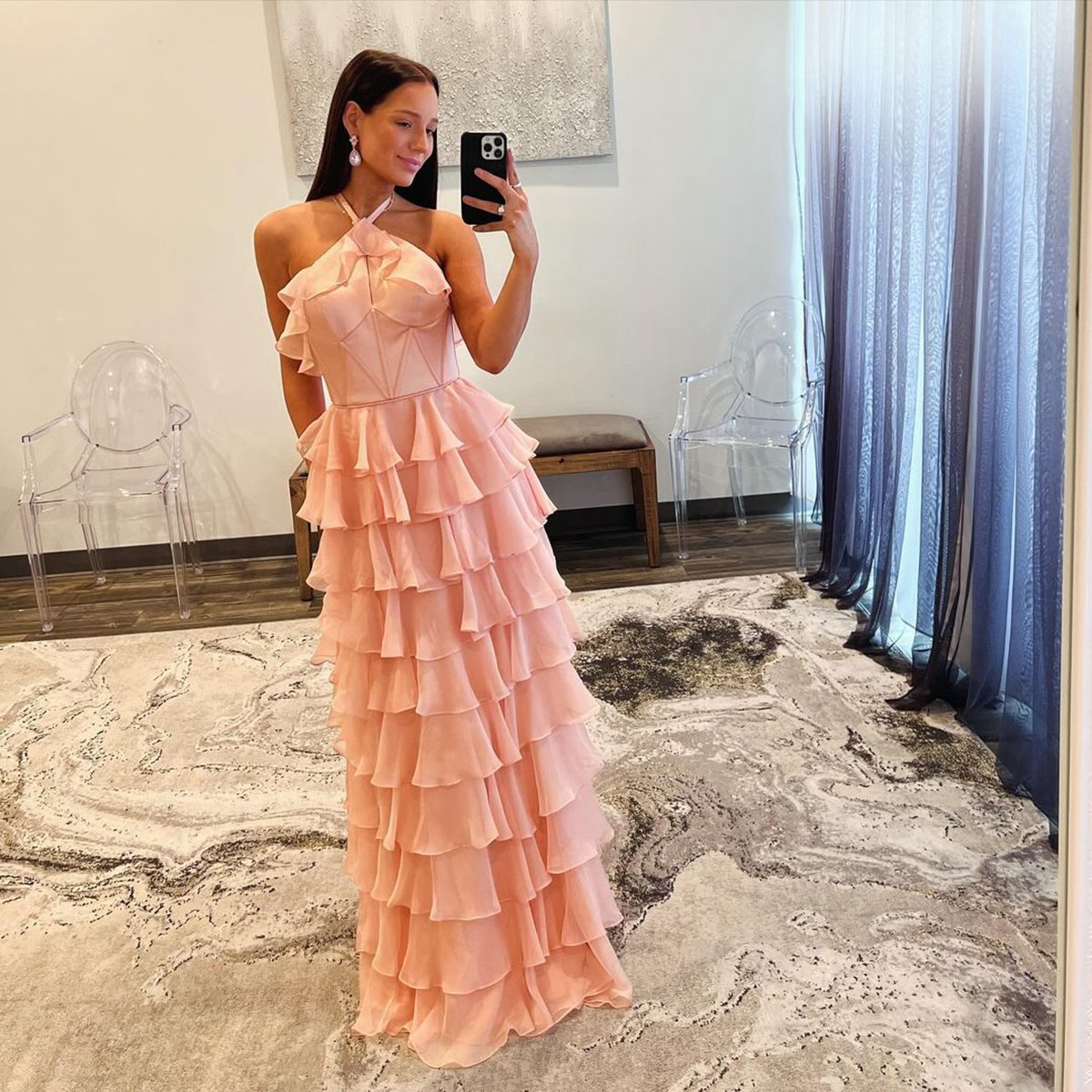 Halter Keyhole Ruffle Tie Prom Dresses with Slit