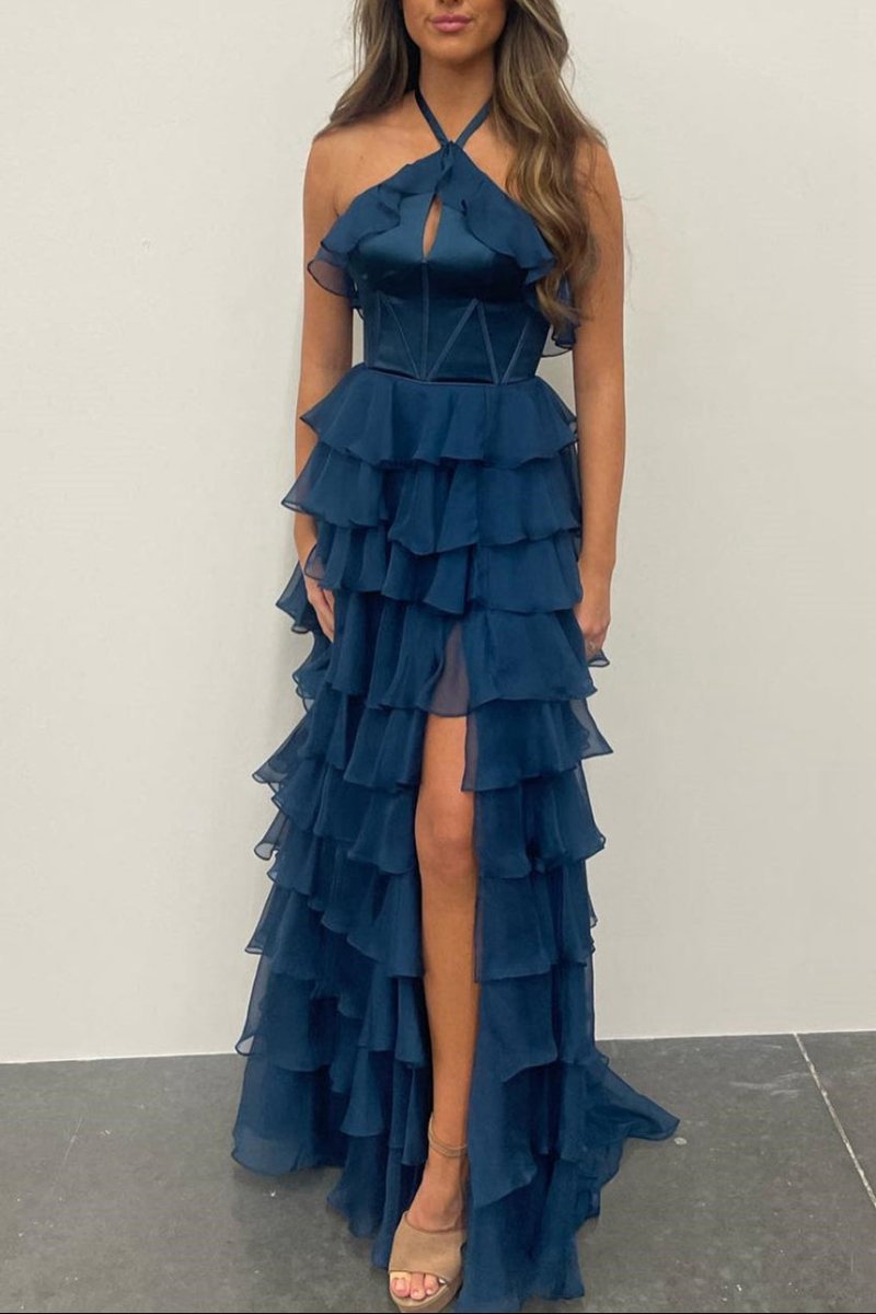 Halter Keyhole Ruffle Tie Prom Dresses with Slit