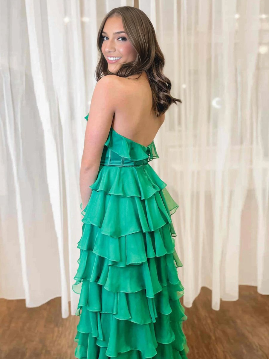 Halter Keyhole Ruffle Tie Prom Dresses with Slit