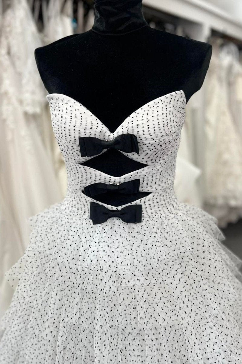 Polka Dot Strapless Ruffle Tie Prom Gown with Keyholes