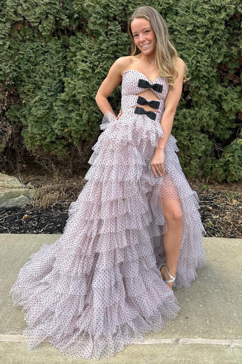Polka Dot Strapless Ruffle Tie Prom Gown with Keyholes