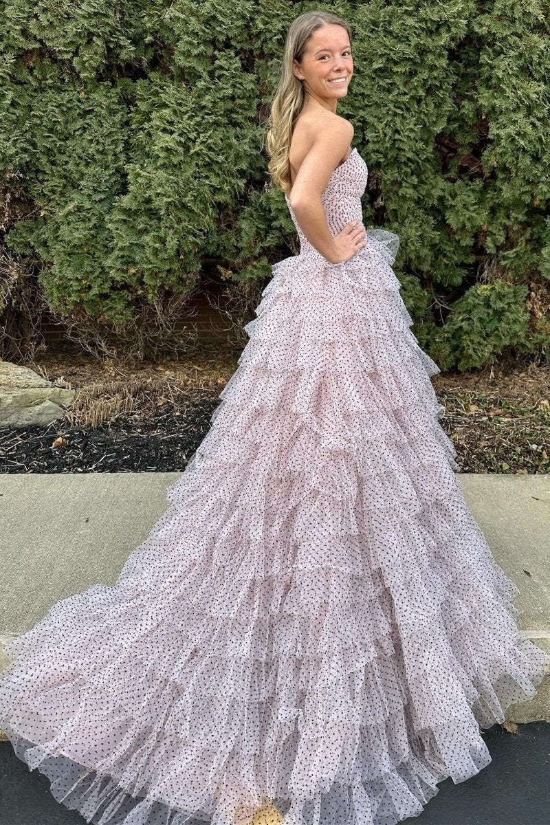Polka Dot Strapless Ruffle Tie Prom Gown with Keyholes