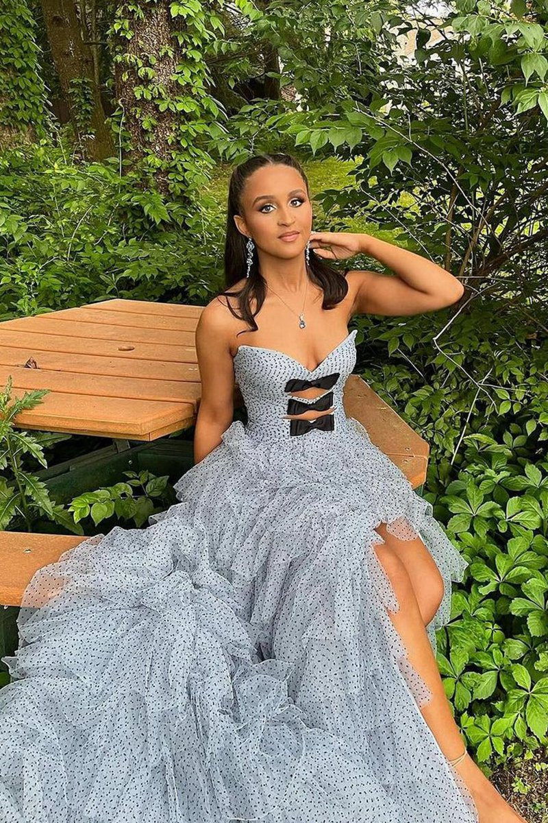 Polka Dot Strapless Ruffle Tie Prom Gown with Keyholes