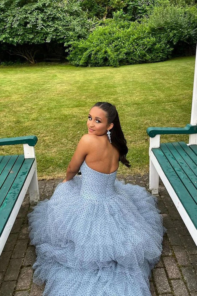 Polka Dot Strapless Ruffle Tie Prom Gown with Keyholes