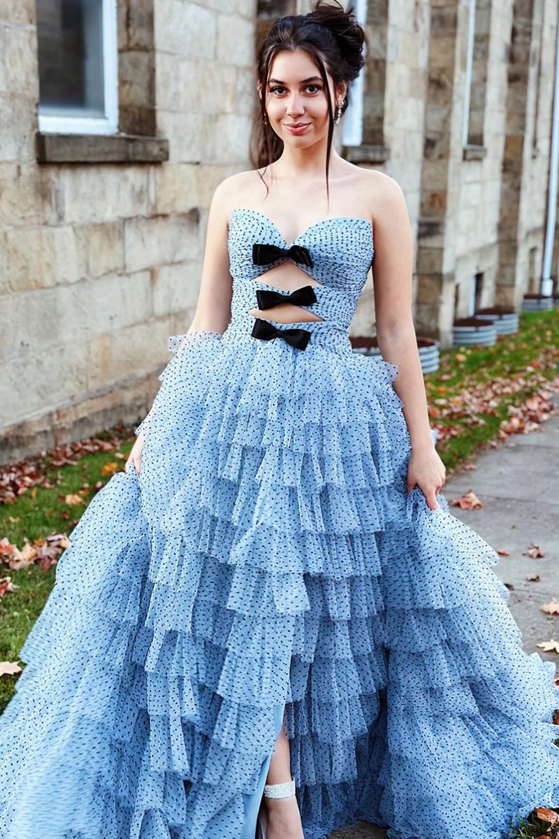 Polka Dot Strapless Ruffle Tie Prom Gown with Keyholes