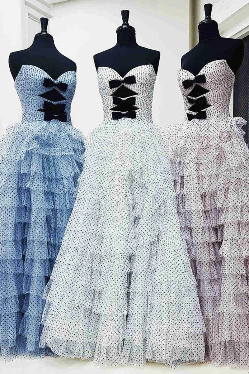 Polka Dot Strapless Ruffle Tie Prom Gown with Keyholes
