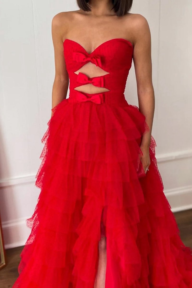 Polka Dot Strapless Ruffle Tie Prom Gown with Keyholes