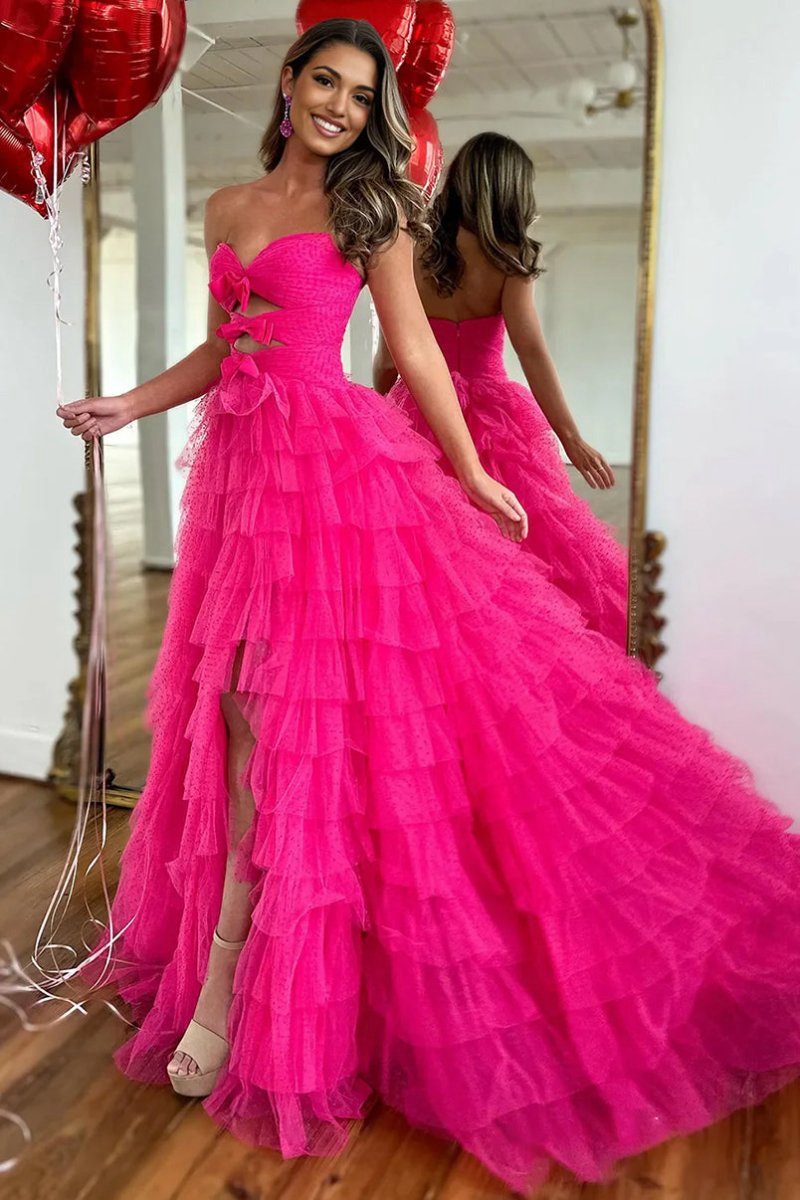 Polka Dot Strapless Ruffle Tie Prom Gown with Keyholes