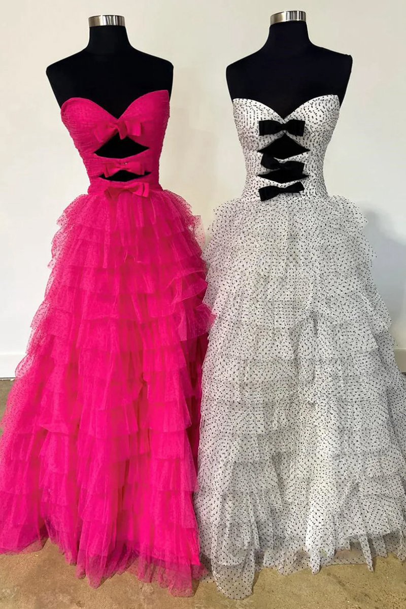 Polka Dot Strapless Ruffle Tie Prom Gown with Keyholes