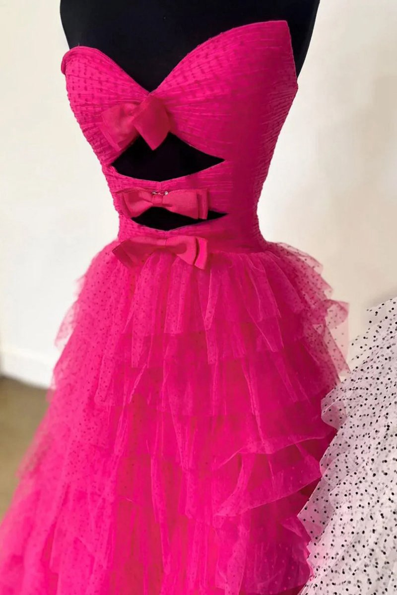 Polka Dot Strapless Ruffle Tie Prom Gown with Keyholes