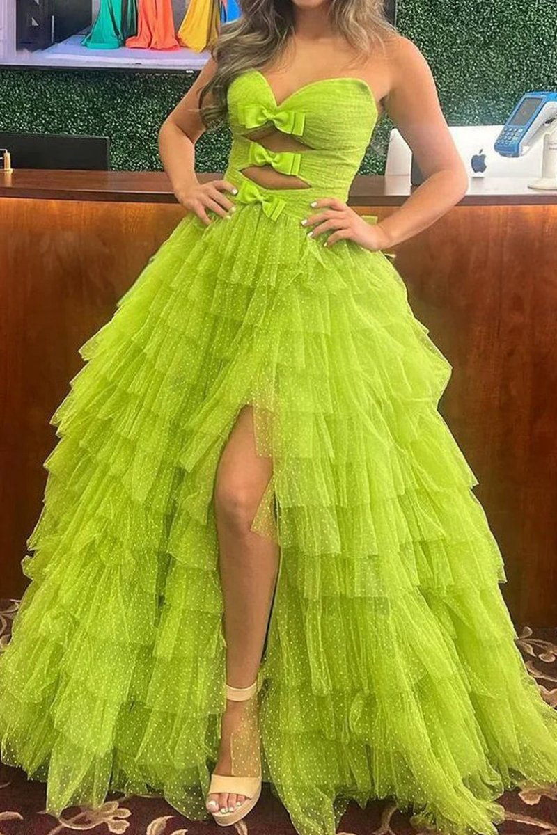 Polka Dot Strapless Ruffle Tie Prom Gown with Keyholes