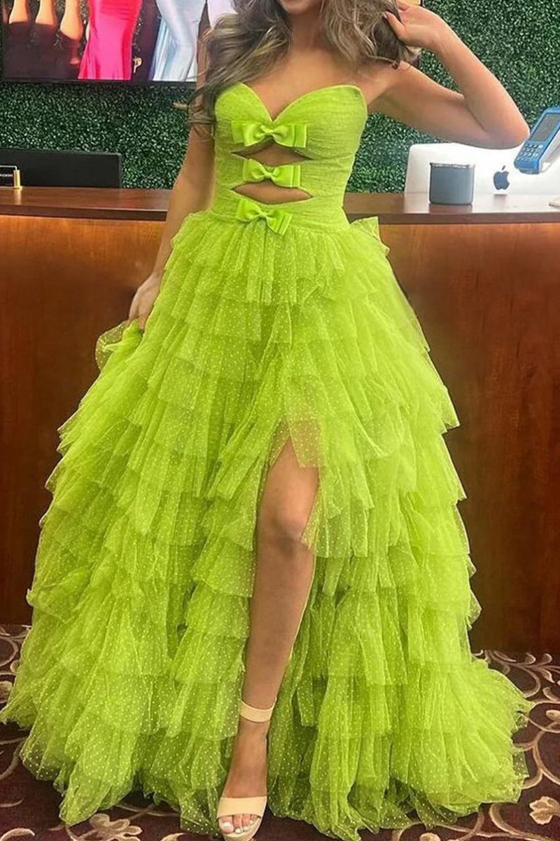 Polka Dot Strapless Ruffle Tie Prom Gown with Keyholes