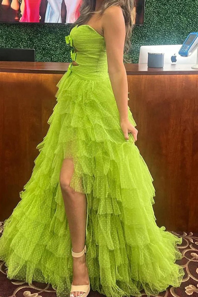 Polka Dot Strapless Ruffle Tie Prom Gown with Keyholes