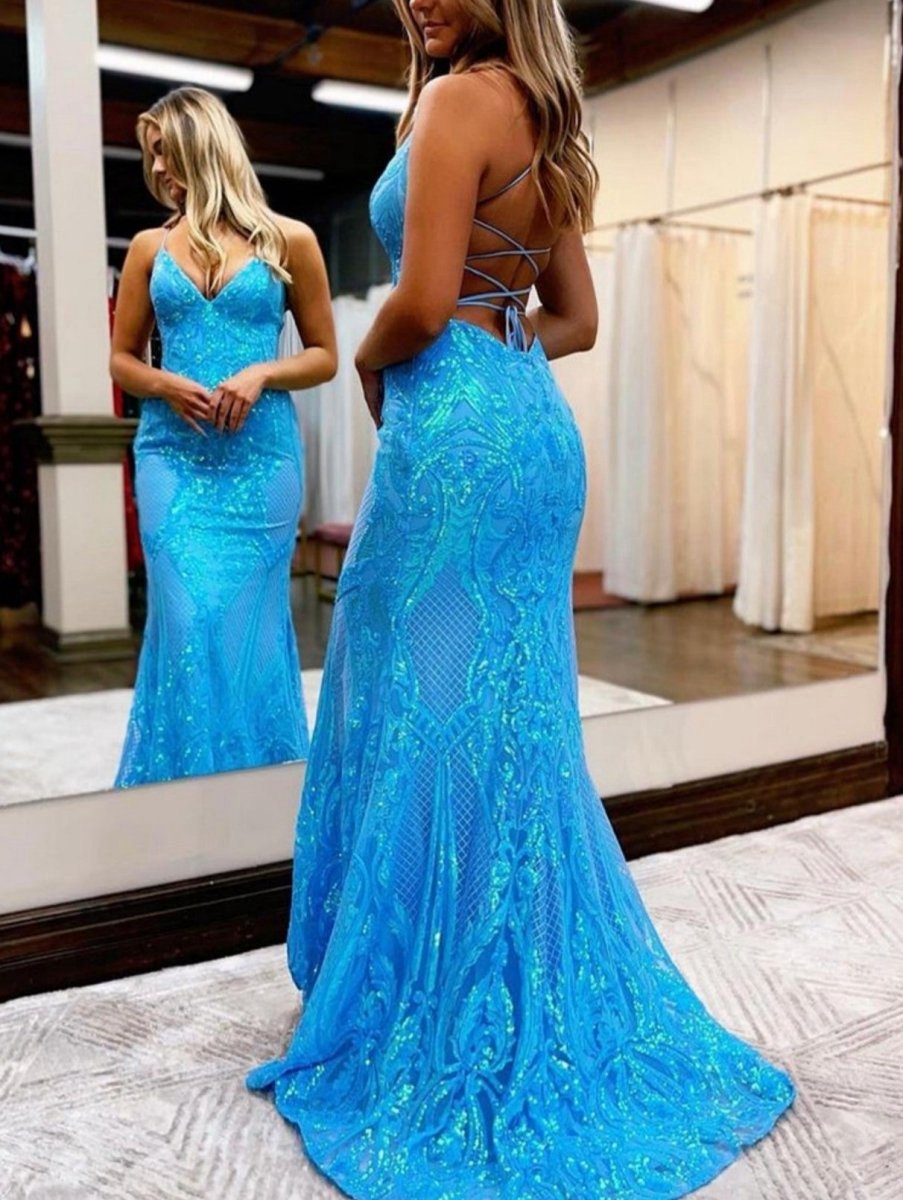 V Neck Glitter Backless Mermaid Bodycon Long Prom Dresses
