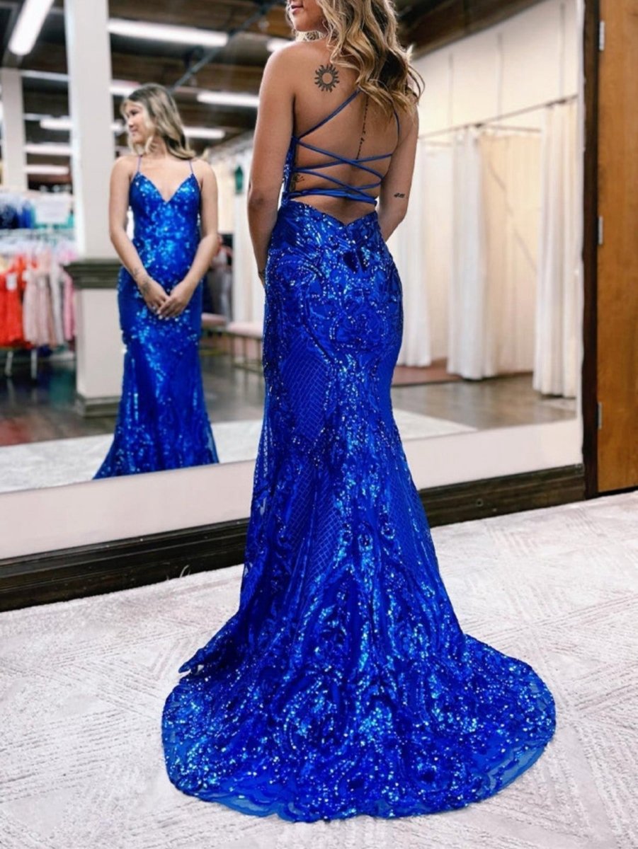 V Neck Glitter Backless Mermaid Bodycon Long Prom Dresses